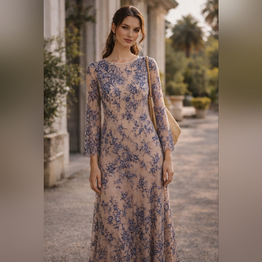 MOON LITE Elegant Beige and Blue Floral Long Sleeve See-Trought  Dress
